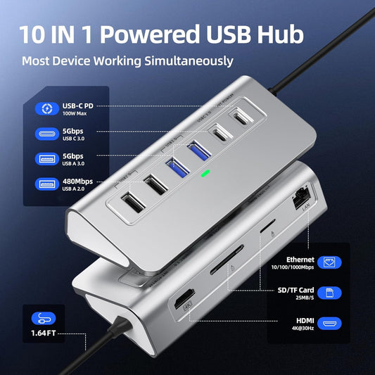 10-in-1 USB C Hub with 4K HDMI 5Gbps USB 3.0  PD 100 1Gbps Ethernet SD/TF