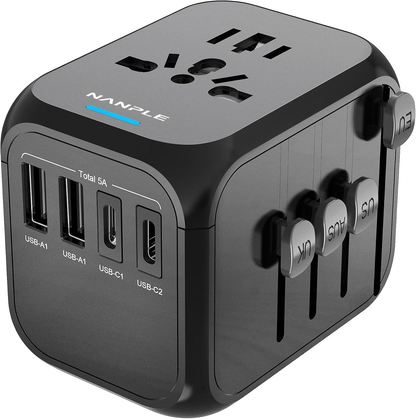 Universal Travel Adapter Worldwide All in One International Wall Charger AC Plug Adaptor with 2 USB-C and 2 USB-A Ports for 200+ Countries 100V-250V (EU UK USA AU Plug) Black