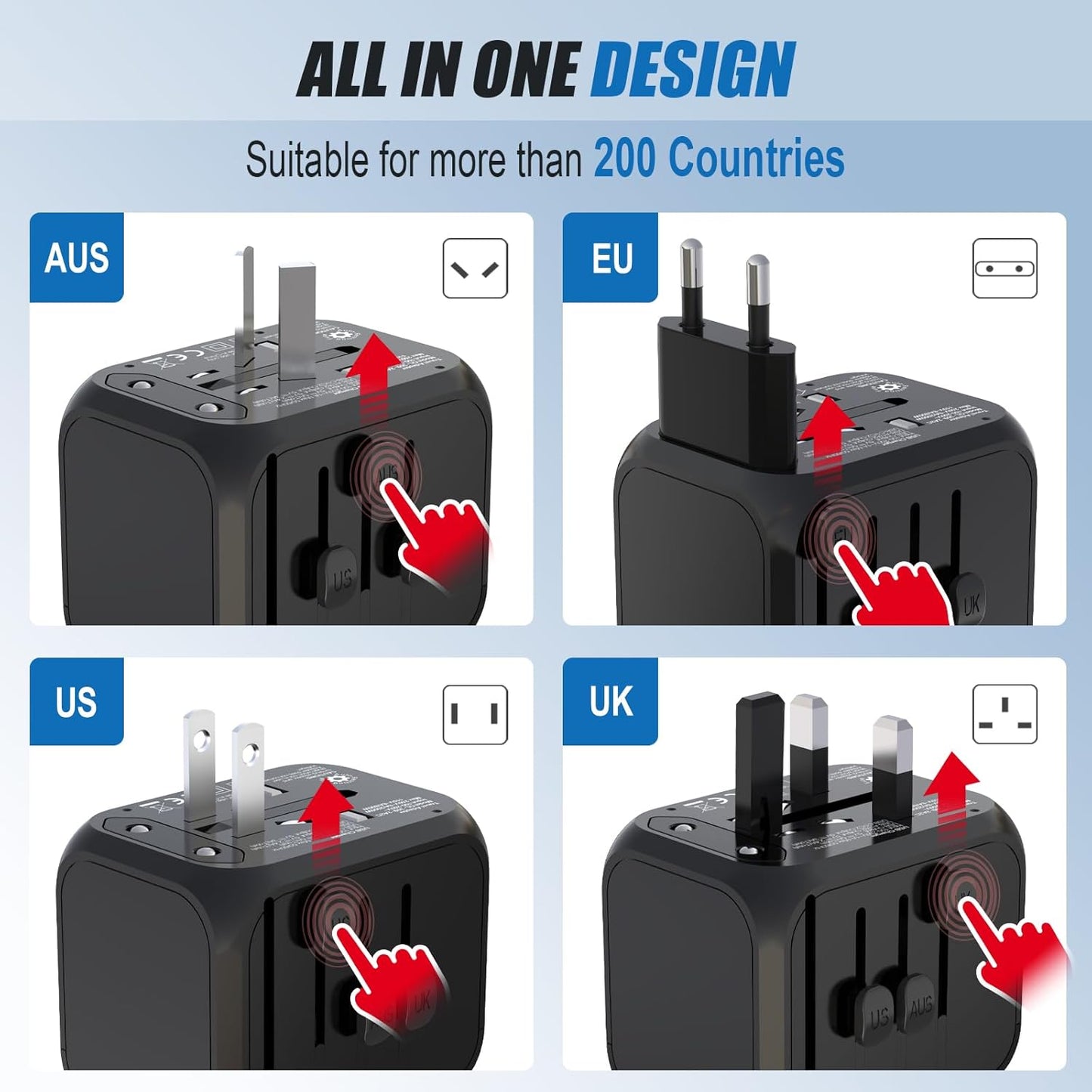 Universal Travel Adapter Worldwide All in One International Wall Charger AC Plug Adaptor with 2 USB-C and 2 USB-A Ports for 200+ Countries 100V-250V (EU UK USA AU Plug) Black
