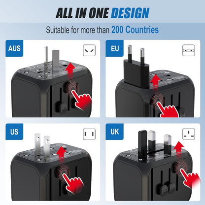 Universal Travel Adapter Worldwide All in One International Wall Charger AC Plug Adaptor with 2 USB-C and 2 USB-A Ports for 200+ Countries 100V-250V (EU UK USA AU Plug) Black