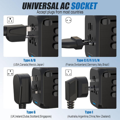Universal Travel Adapter Worldwide All in One International Wall Charger AC Plug Adaptor with 2 USB-C and 2 USB-A Ports for 200+ Countries 100V-250V (EU UK USA AU Plug) Black