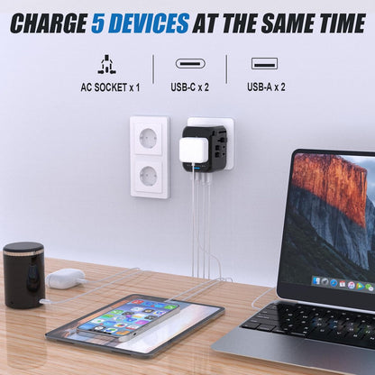 Universal Travel Adapter Worldwide All in One International Wall Charger AC Plug Adaptor with 2 USB-C and 2 USB-A Ports for 200+ Countries 100V-250V (EU UK USA AU Plug) Black