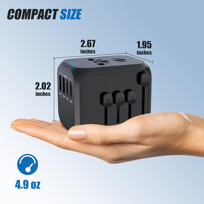 Universal Travel Adapter Worldwide All in One International Wall Charger AC Plug Adaptor with 2 USB-C and 2 USB-A Ports for 200+ Countries 100V-250V (EU UK USA AU Plug) Black