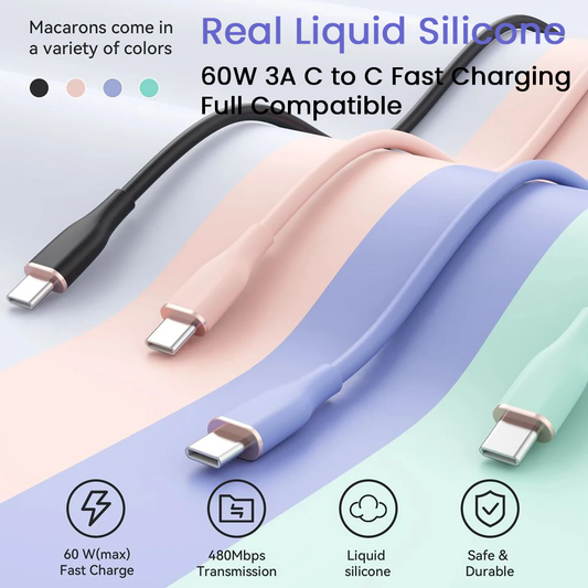Type C to Type C Fast Charging Data Cable Liquid Soft Silicone 60W 6A Cord