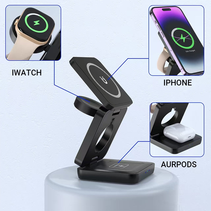 3 in 1 Magnetic Wireless Charger 15W Foldable Charging Station for iPhone Apple Watch AirPods