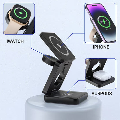 3 in 1 Magnetic Wireless Charger 15W Foldable Charging Station for iPhone Apple Watch AirPods